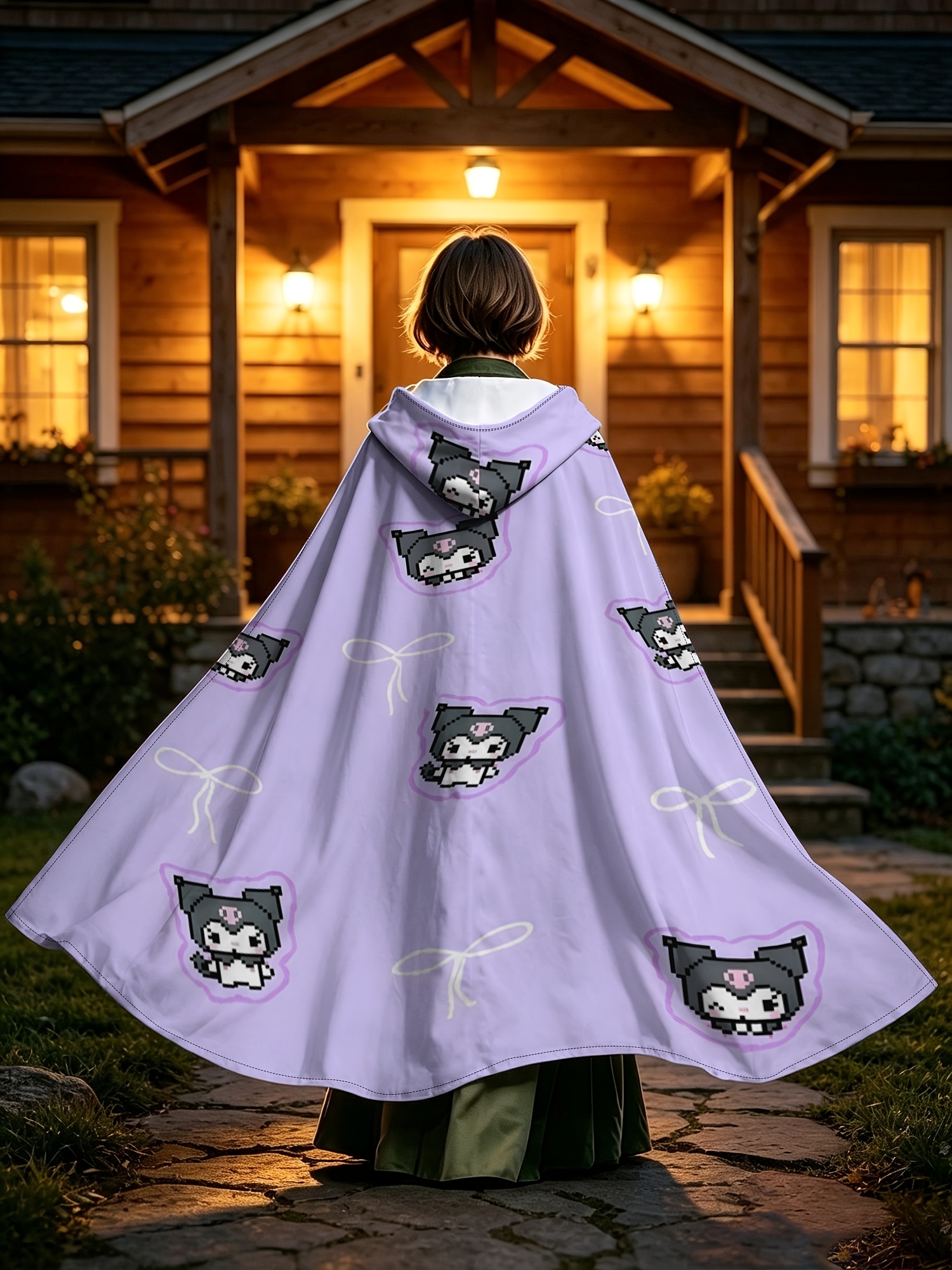 Sanrio 1pc Printed Cape Cloak | Pixel Art Kuromi with Purple Bow - Cartoon Halloween Hooded Cape, Party Costume and Daily Outerwear Cape, Suitable for Halloween Parties, Cosplay Themed Gatherings and Performances, Holiday Surprise Gift, Eye-Catching
