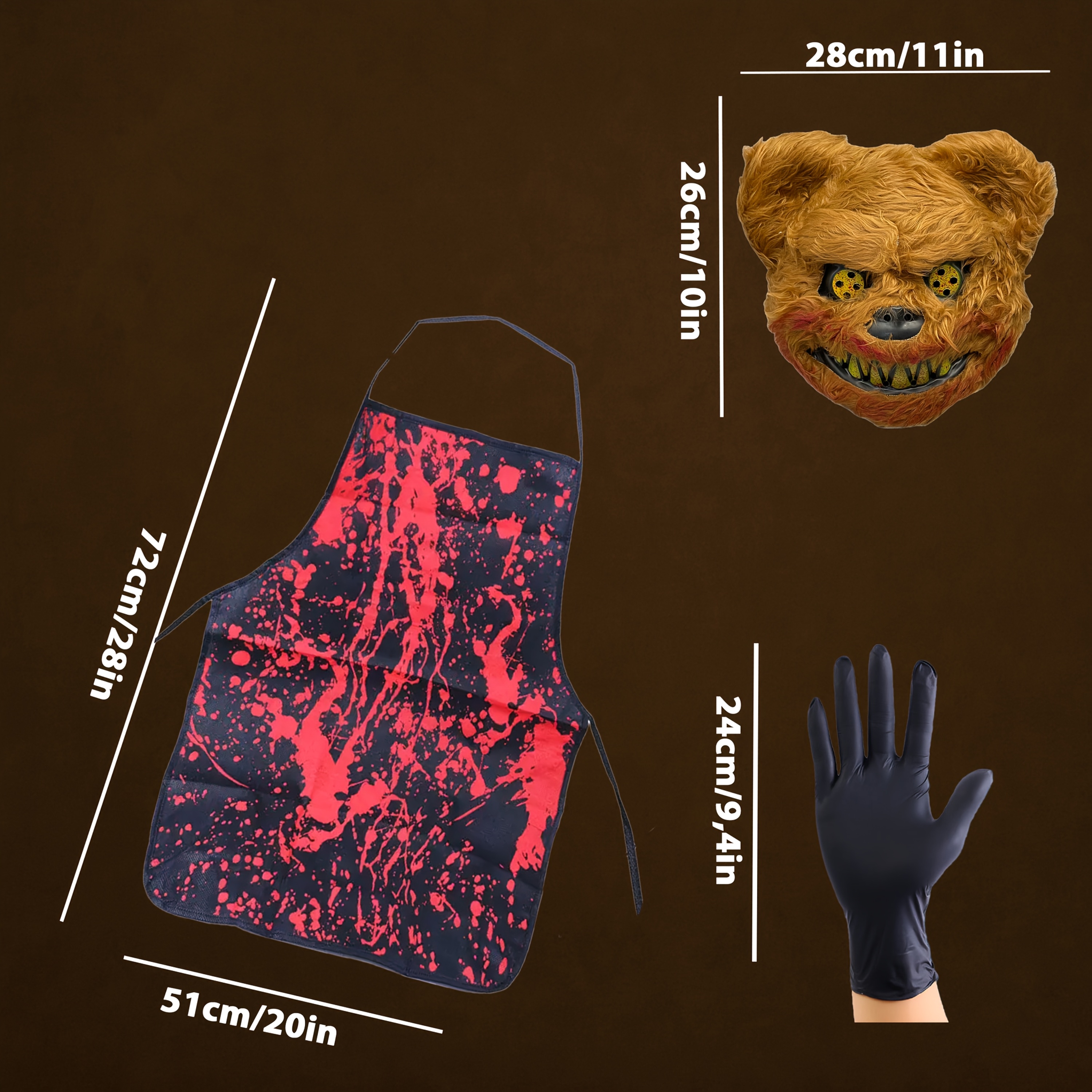 3pcs Mask + Apron + Gloves - Terrifying Halloween Costume Mask Set: Bloody Bear and Rabbit Costume Combo. The Set Includes a Mask, Apron, and Gloves, Suitable for Use as Costumes on Halloween Night, Carnivals, and Horror Parties. Unisex