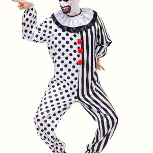 Black And White Jumpsuit for a Spotted Clown Costume, Perfect for Halloween, Complete with a Masked Hat for a Horror-Themed Role-Play, Role Play Outfits Men