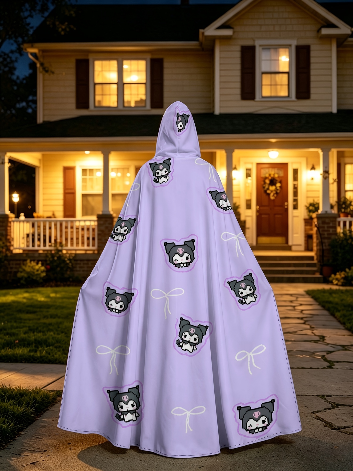 Sanrio 1pc Printed Cape Cloak | Pixel Art Kuromi with Purple Bow - Cartoon Halloween Hooded Cape, Party Costume and Daily Outerwear Cape, Suitable for Halloween Parties, Cosplay Themed Gatherings and Performances, Holiday Surprise Gift, Eye-Catching