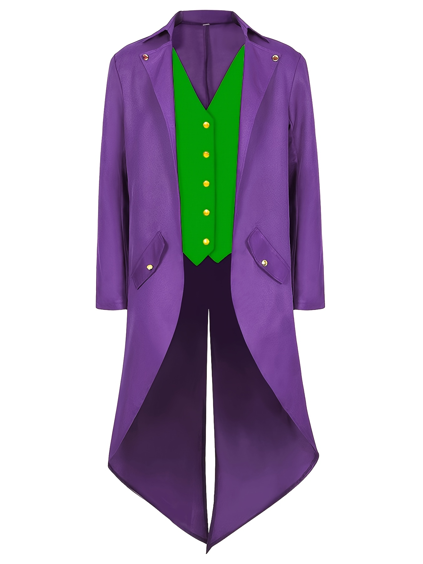 Halloween Costume An Interesting Clown Holiday Costume Top for Men, a Medium-length Tuxedo in a Purple and Green Colorblock Design. Suitable for Holiday Costumes and Street Performance Attire, Without Pockets