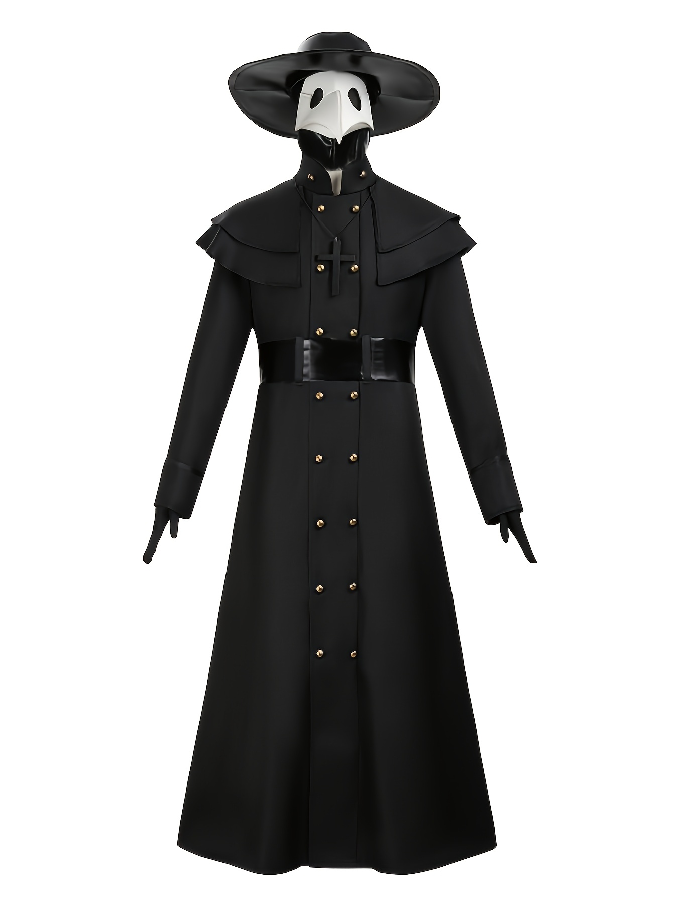 [Halloween] Halloween Costume Plague Doctor Halloween Costume, Bird-Beak Doctor Mask, Headgear, Gloves, Necklace, Hat, Belt, Coat, Cape, Horror Costume And Party And Cosplay Activity Additions, Role Play Outfits Men