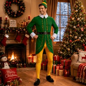 Adult Elf Costume, Halloween Christmas Cosplay Outfit Complete Set with Hat Tunic Top Pants Belt And Shoe Covers, Green Holiday Party Dress Up Costume