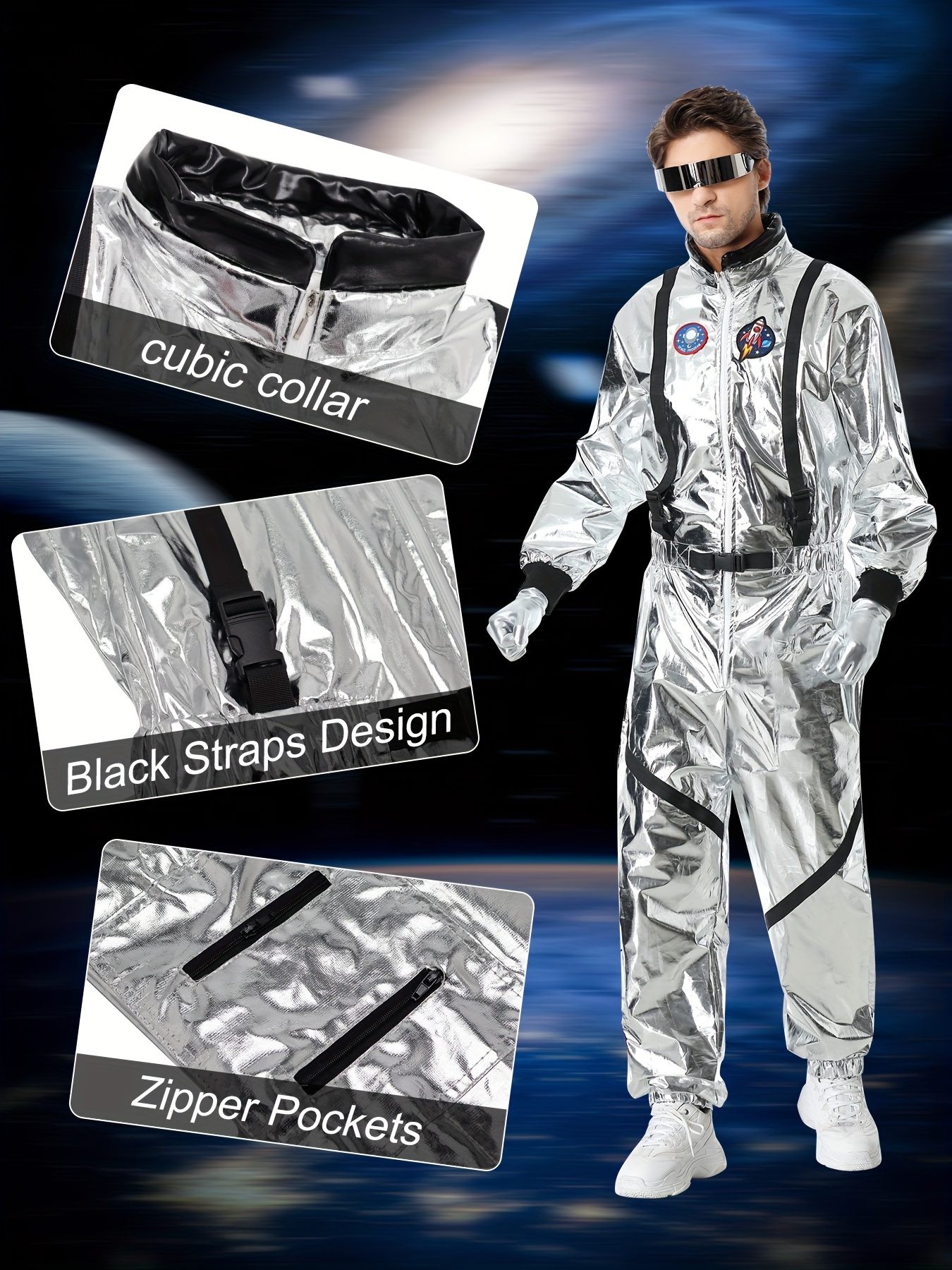 Men'S Silvery Astronaut Costume - Space Suit with Helmet, Gloves And Glasses Perfect for Halloween, Cosplay, Space-Themed Parties And Role Play, Role Play Outfits Men - Image 5
