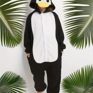 Youngsters Penguin Animal Hooded Romper - Black & White Fleece Pajama Set with Pockets, Loose Fit for Halloween & Party, Perfect for Boys & Girls, Halloween | Playful Design | Soft Texture
