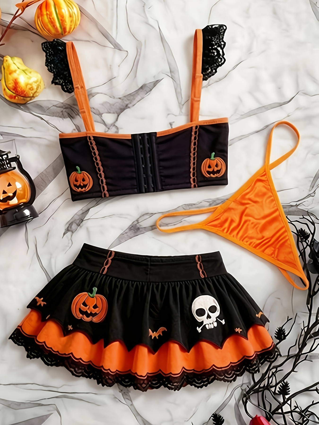 3pcs Halloween Lingerie Set for Women, Pumpkin Embroidery Witch Bustier Mini Skirt with Matching Thong, Gothic Spooky Pumpkin Festival Cosplay Costume - Image 4