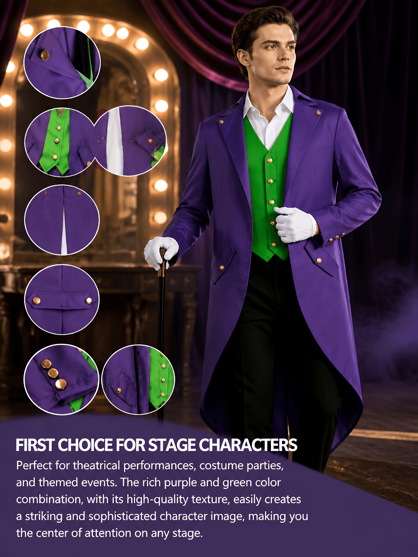 Halloween Costume An Interesting Clown Holiday Costume Top for Men, a Medium-length Tuxedo in a Purple and Green Colorblock Design. Suitable for Holiday Costumes and Street Performance Attire, Without Pockets