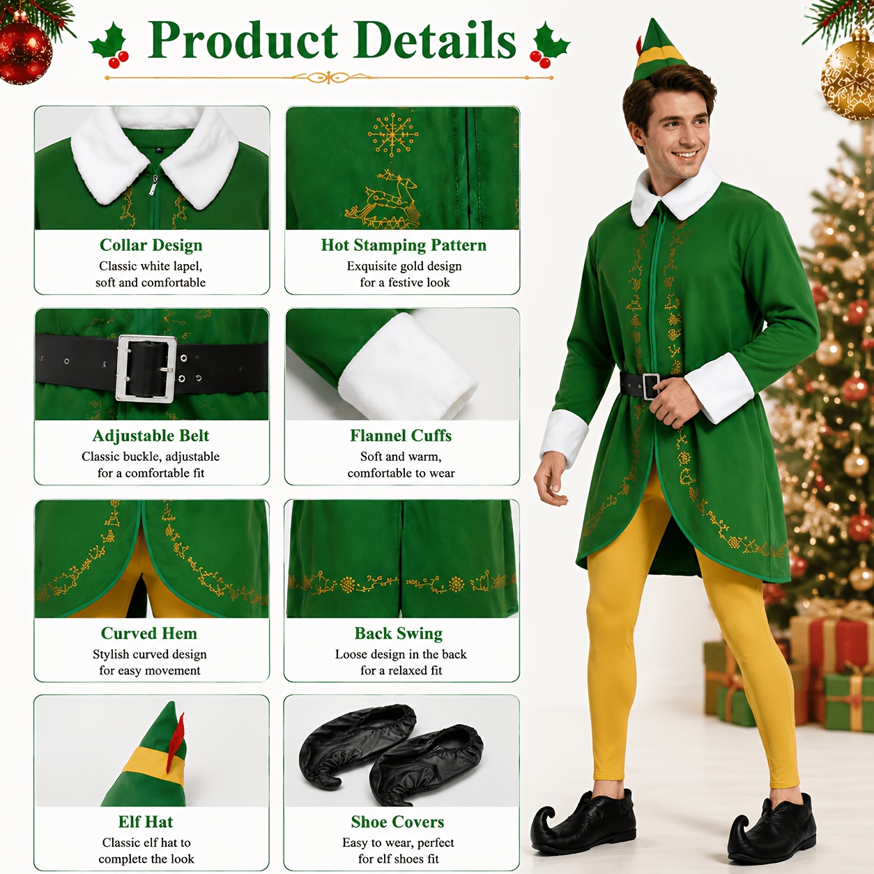 Adult Elf Costume, Halloween Christmas Cosplay Outfit Complete Set with Hat Tunic Top Pants Belt And Shoe Covers, Green Holiday Party Dress Up Costume - Image 6