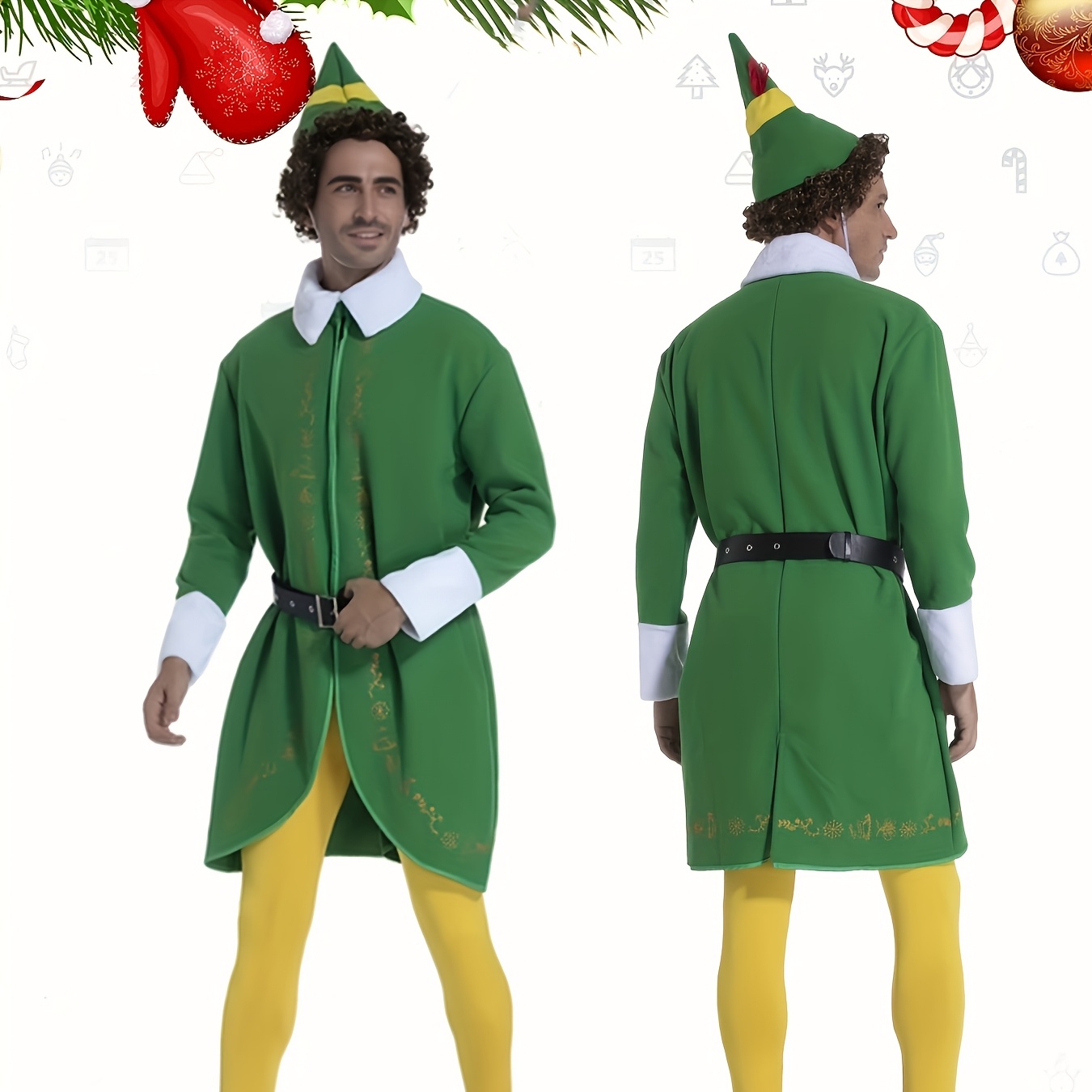 Adult Elf Costume, Halloween Christmas Cosplay Outfit Complete Set with Hat Tunic Top Pants Belt And Shoe Covers, Green Holiday Party Dress Up Costume - Image 5