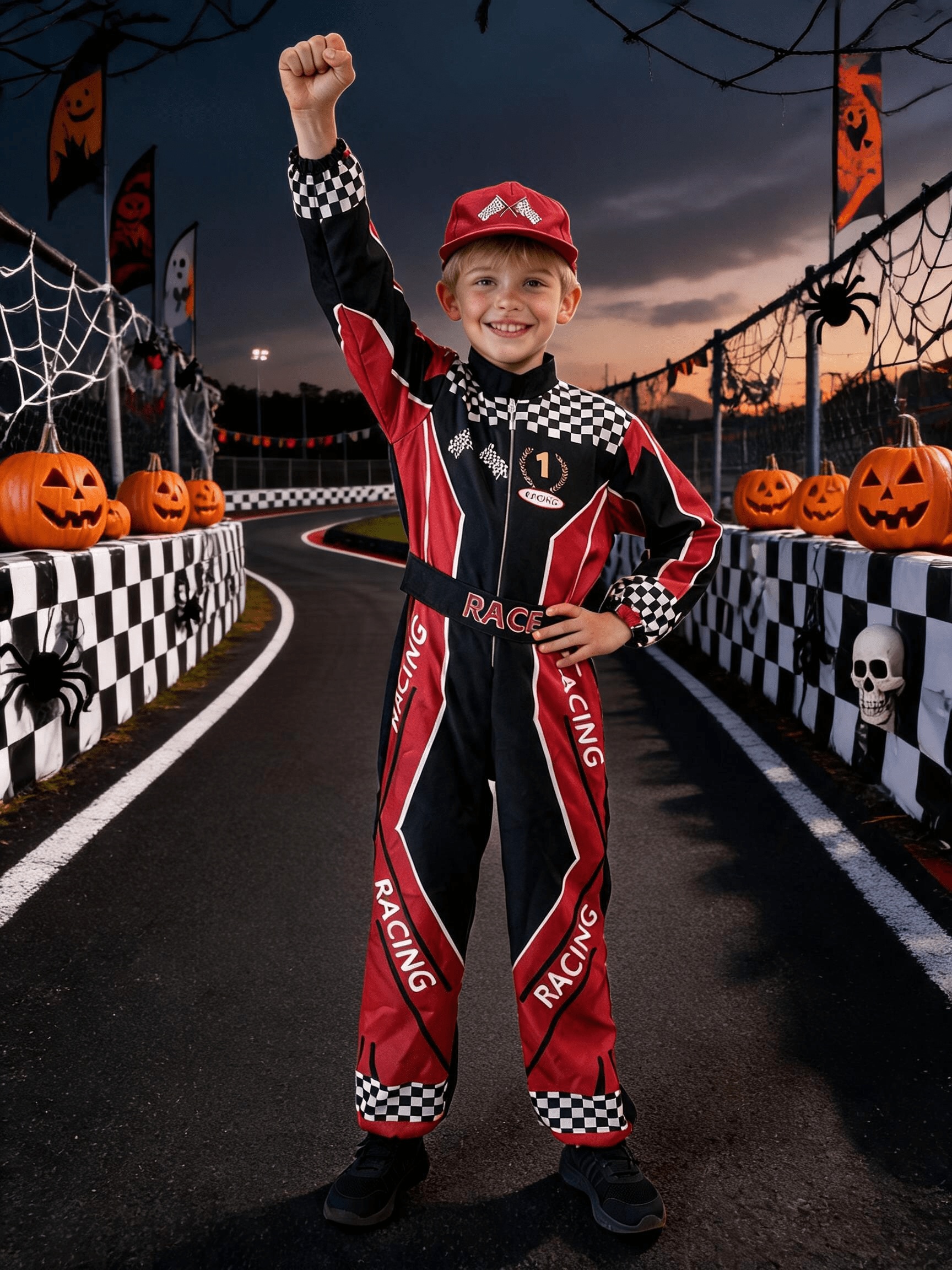 Handsome Boy Racing Suit, Set Includes Jumpsuit, Belt, and Hat, Suitable for Carnivals, Halloween, Stage Performances, Cosplay, Birthdays, and Various Parties