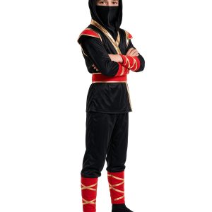 Red And Golden Color-Block Cool Ninja Boy Outfit, Night Patrol, Set Includes Top, Pants, Belt, And Headscarf, Suitable for Carnival, Halloween, Performance, Birthday, And Various Parties
