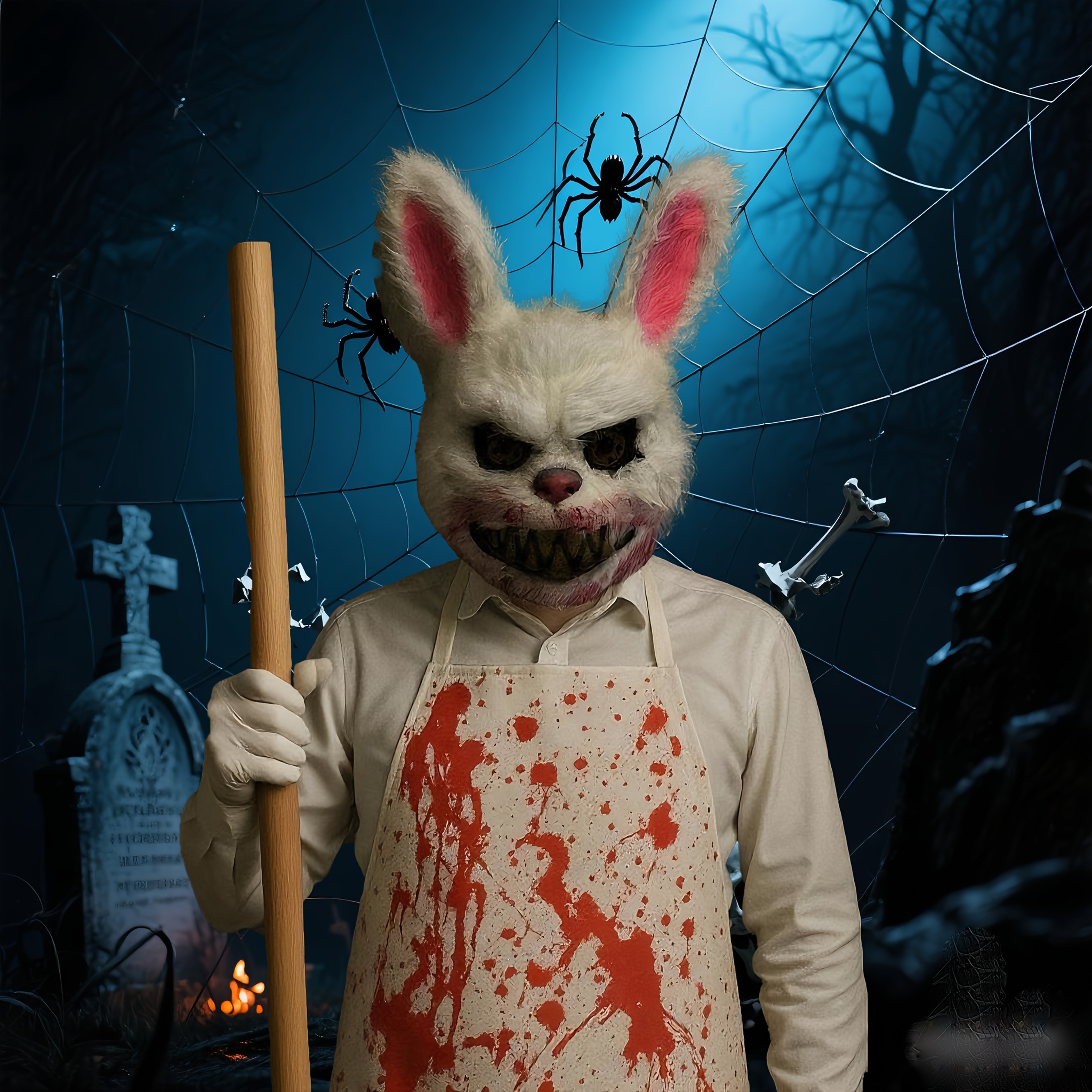 3pcs Mask + Apron + Gloves - Terrifying Halloween Costume Mask Set: Bloody Bear and Rabbit Costume Combo. The Set Includes a Mask, Apron, and Gloves, Suitable for Use as Costumes on Halloween Night, Carnivals, and Horror Parties. Unisex