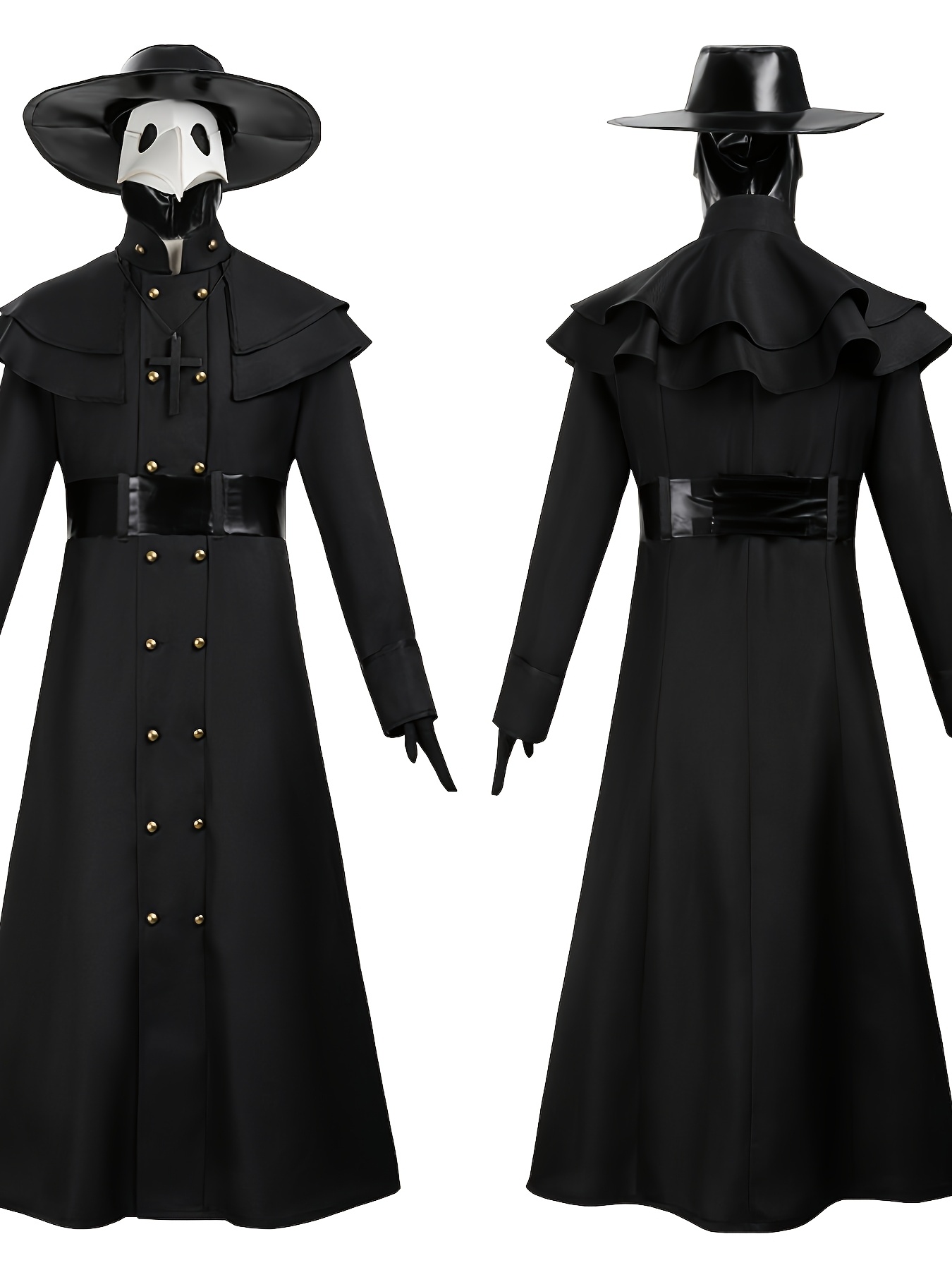 [Halloween] Halloween Costume Plague Doctor Halloween Costume, Bird-Beak Doctor Mask, Headgear, Gloves, Necklace, Hat, Belt, Coat, Cape, Horror Costume And Party And Cosplay Activity Additions, Role Play Outfits Men