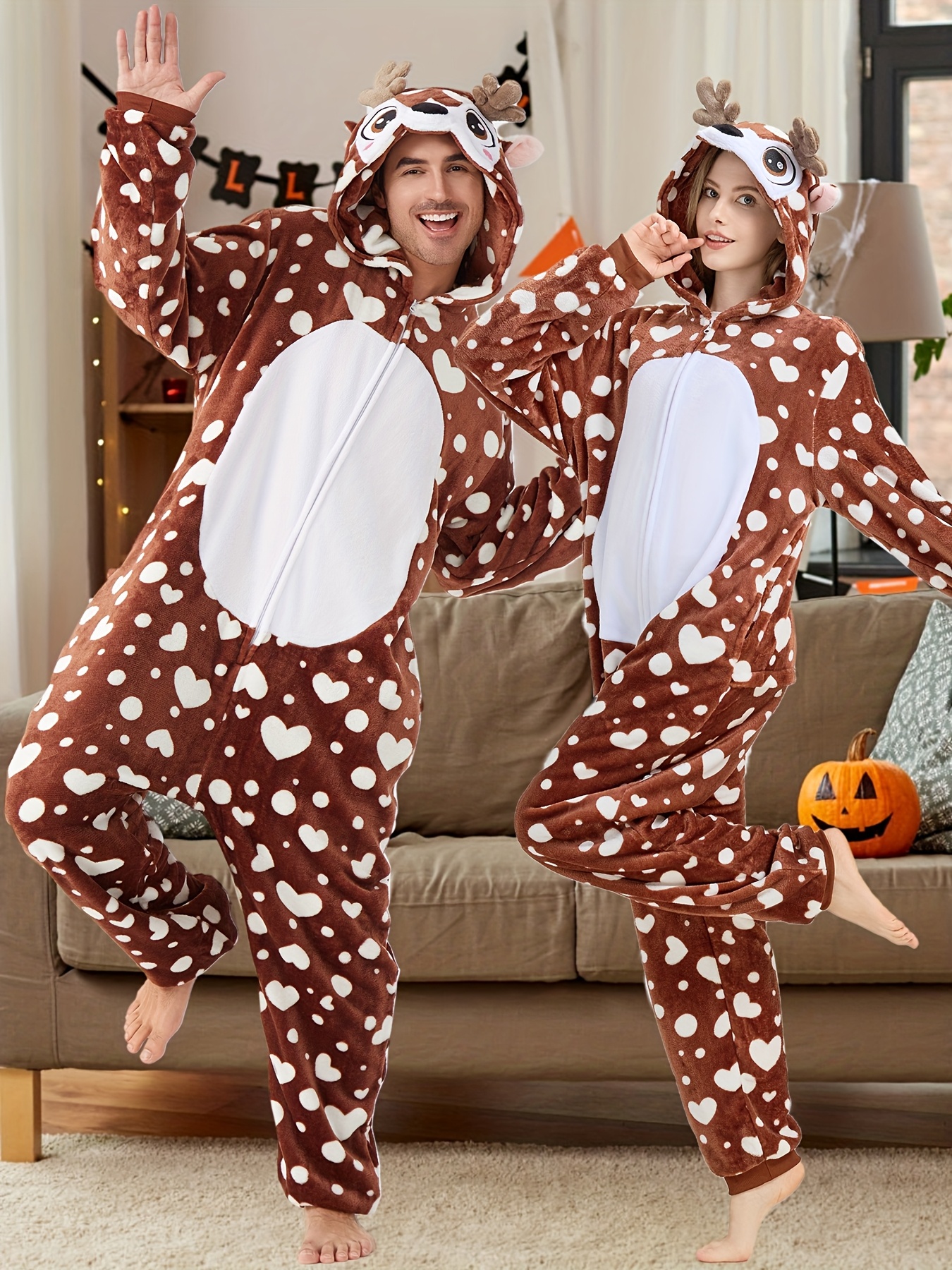 Adult Elk Jumpsuit for Both Men And Women Cosplay Elk Couple Jumpsuit Halloween Outfit Christmas Family Party Set, Role Play Outfits Men