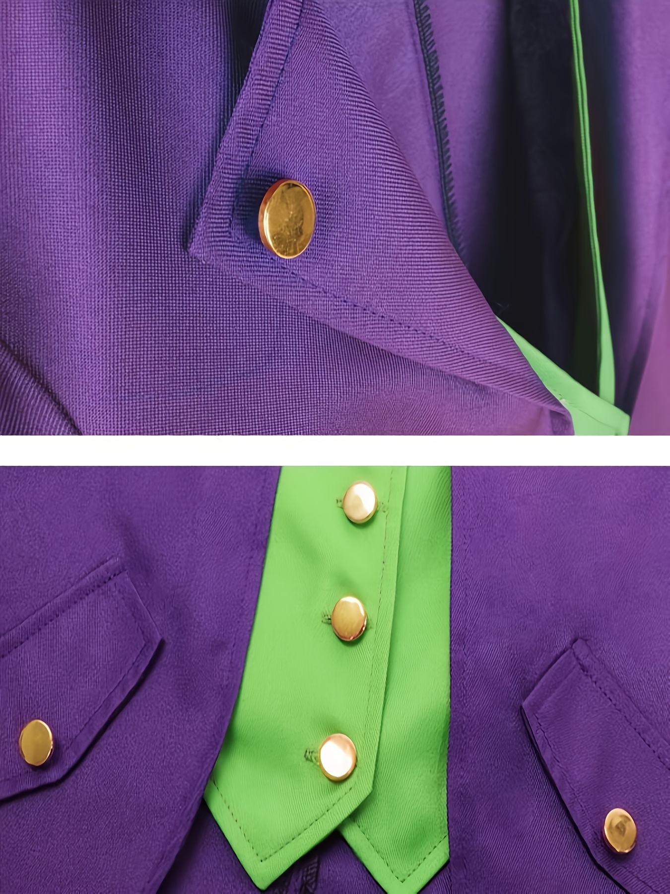 Halloween Costume An Interesting Clown Holiday Costume Top for Men, a Medium-length Tuxedo in a Purple and Green Colorblock Design. Suitable for Holiday Costumes and Street Performance Attire, Without Pockets