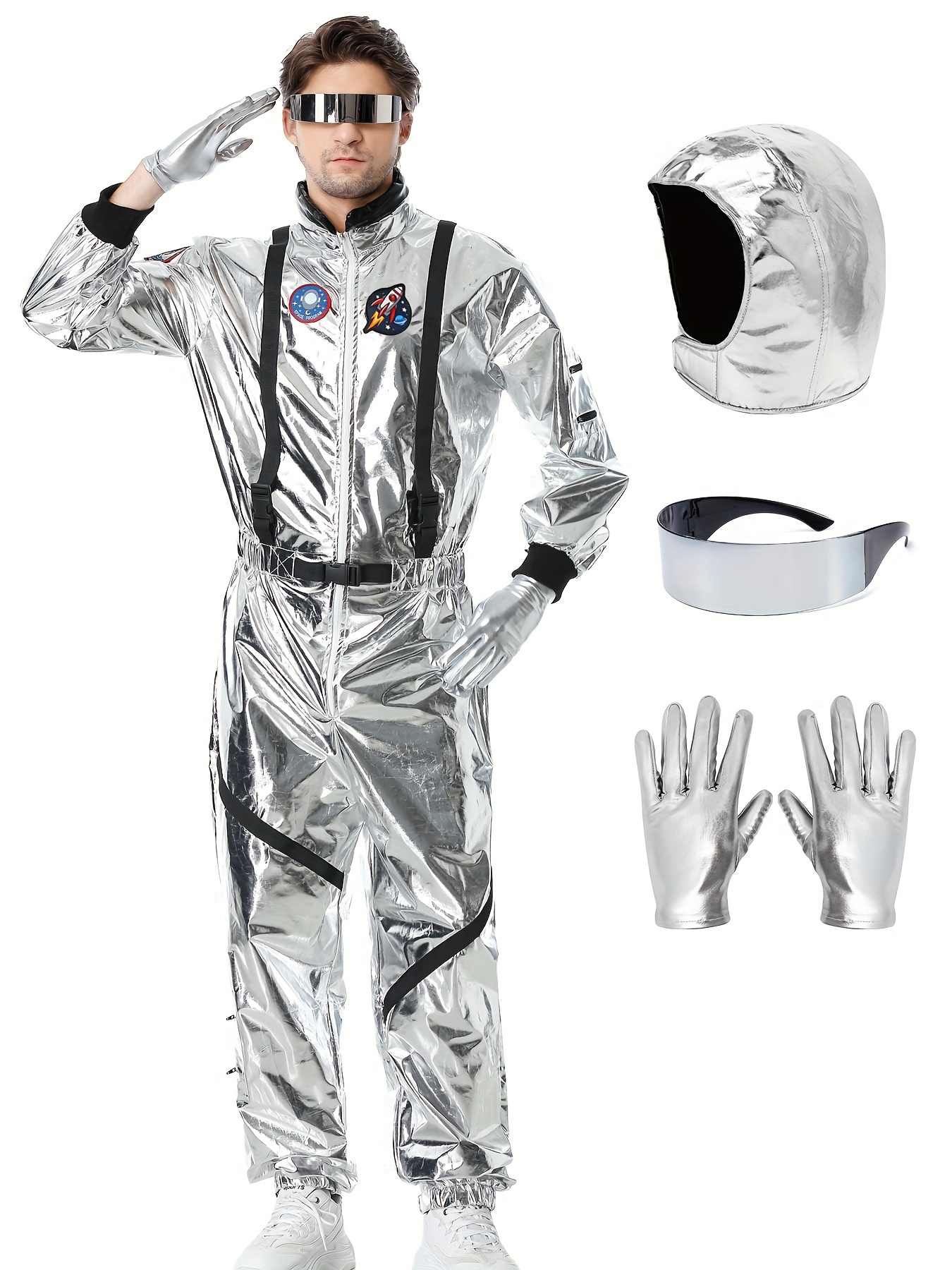 Men'S Silvery Astronaut Costume - Space Suit with Helmet, Gloves And Glasses Perfect for Halloween, Cosplay, Space-Themed Parties And Role Play, Role Play Outfits Men