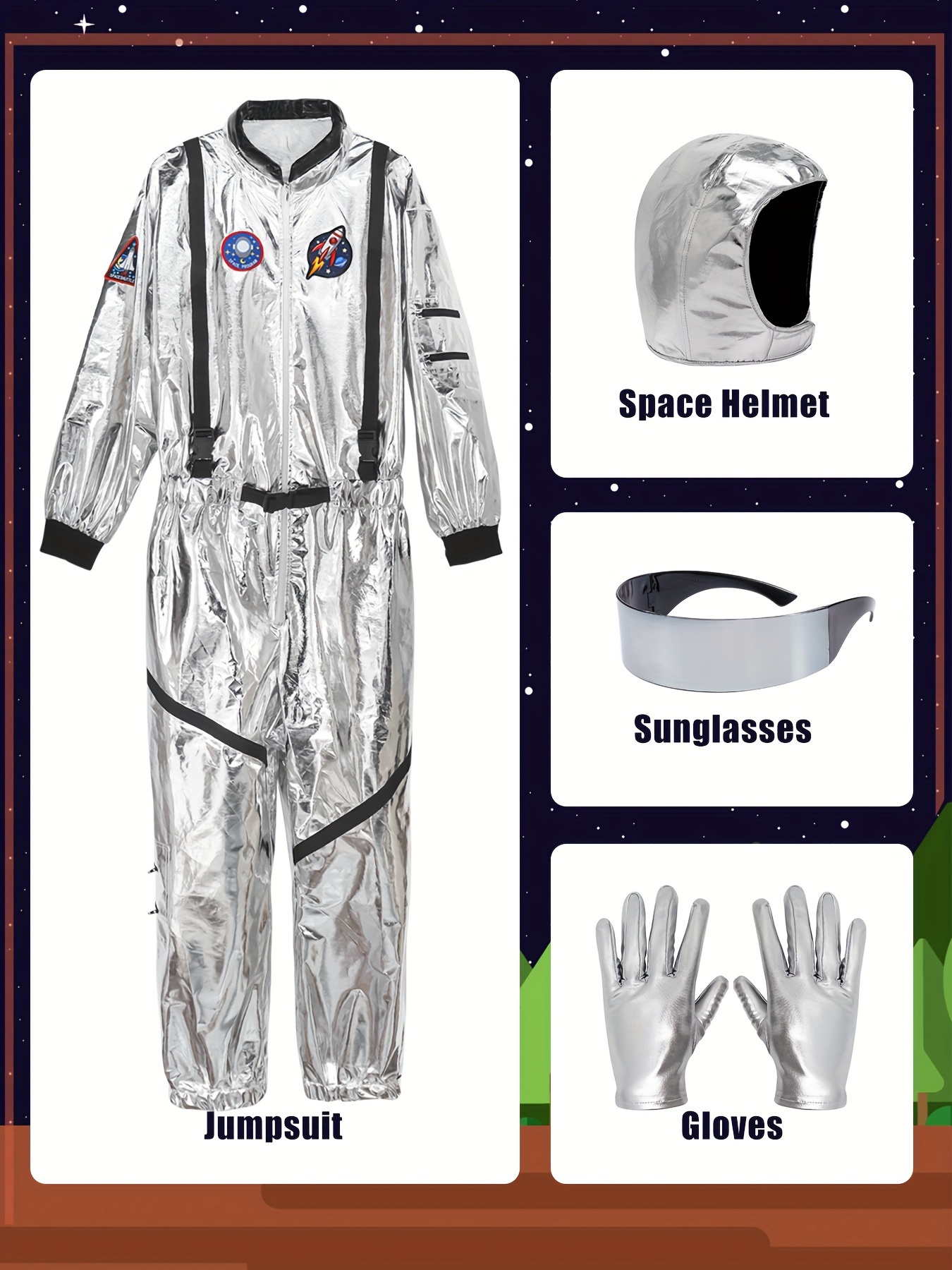 Men'S Silvery Astronaut Costume - Space Suit with Helmet, Gloves And Glasses Perfect for Halloween, Cosplay, Space-Themed Parties And Role Play, Role Play Outfits Men - Image 4
