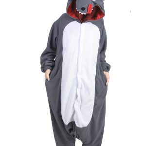 Big Bad Wolf Adult Men'S Fleece Thickened Cartoon Onesie Pajamas, Halloween Autumn And Winter Thickened Animal Onesie Pajamas Long-Sleeved Hooded Warm Bathrobe Funny Masquerade Party Costume