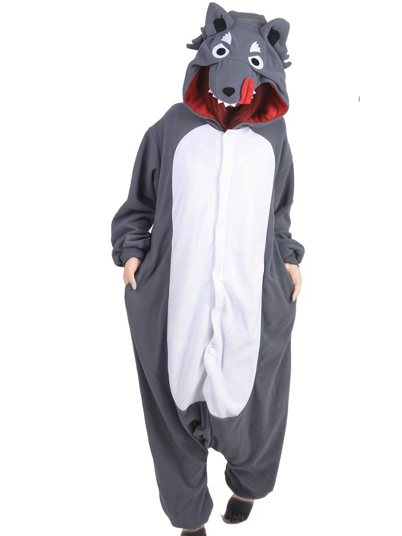 Big Bad Wolf Adult Men'S Fleece Thickened Cartoon Onesie Pajamas, Halloween Autumn And Winter Thickened Animal Onesie Pajamas Long-Sleeved Hooded Warm Bathrobe Funny Masquerade Party Costume