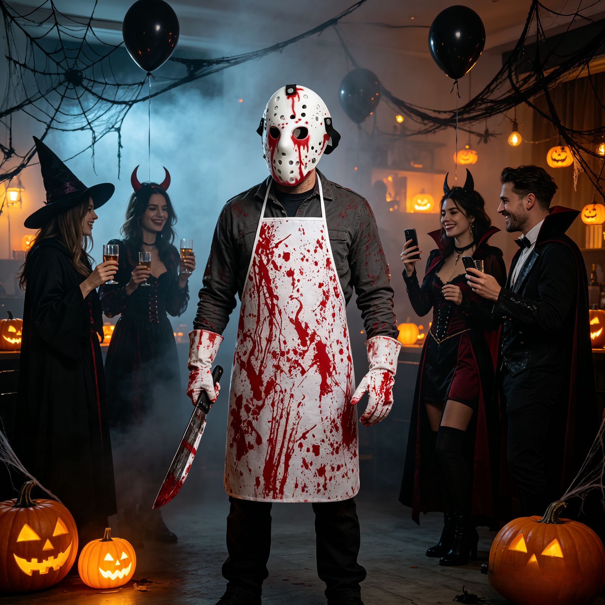 5pcs Bloody Horror Halloween Cosplay Costume Set • Including Blood Splatter Apron, Ice Ball Style Mask, Gloves, And Fake Knife Props • Suitable for Adult Halloween Parties And Photo Booths