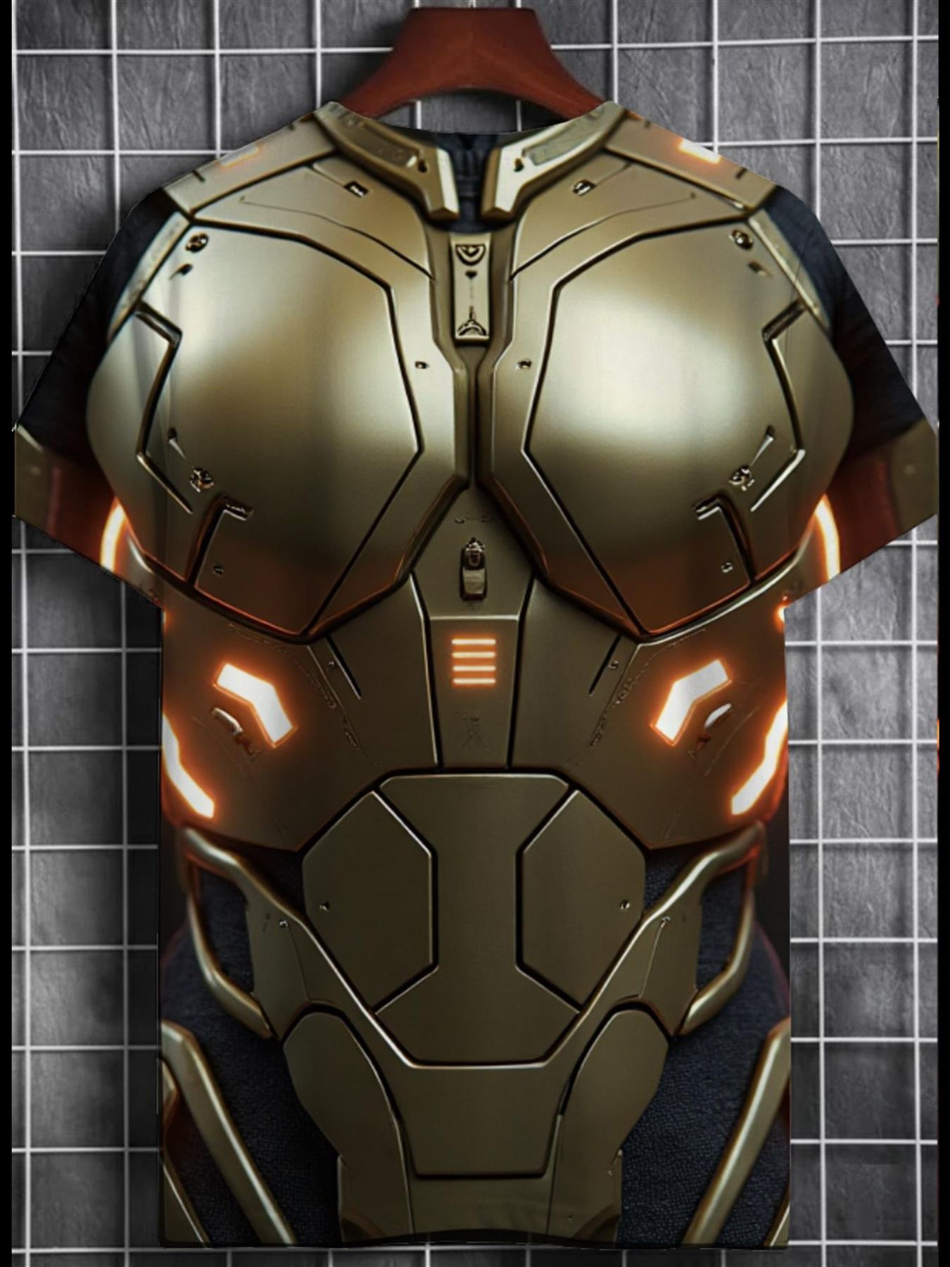 Futuristic Armor Style, 2026 New Men'S 3D Printed T-Shirt, Regular Fit, 100% Polyester Material, Round Neck Design, Dry Clean And Machine Washable, Golden Mechanical Suit with Glowing Orange Lights Pattern, Halloween Cosplay Party Costume