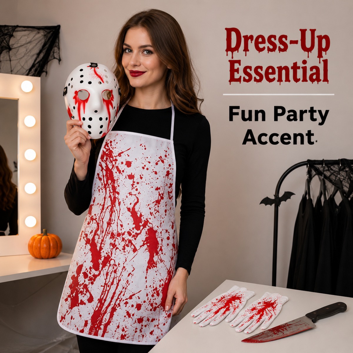 5pcs Bloody Horror Halloween Cosplay Costume Set • Including Blood Splatter Apron, Ice Ball Style Mask, Gloves, And Fake Knife Props • Suitable for Adult Halloween Parties And Photo Booths