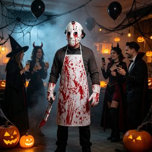 5pcs Bloody Horror Halloween Cosplay Costume Set • Including Blood Splatter Apron, Ice Ball Style Mask, Gloves, And Fake Knife Props • Suitable for Adult Halloween Parties And Photo Booths