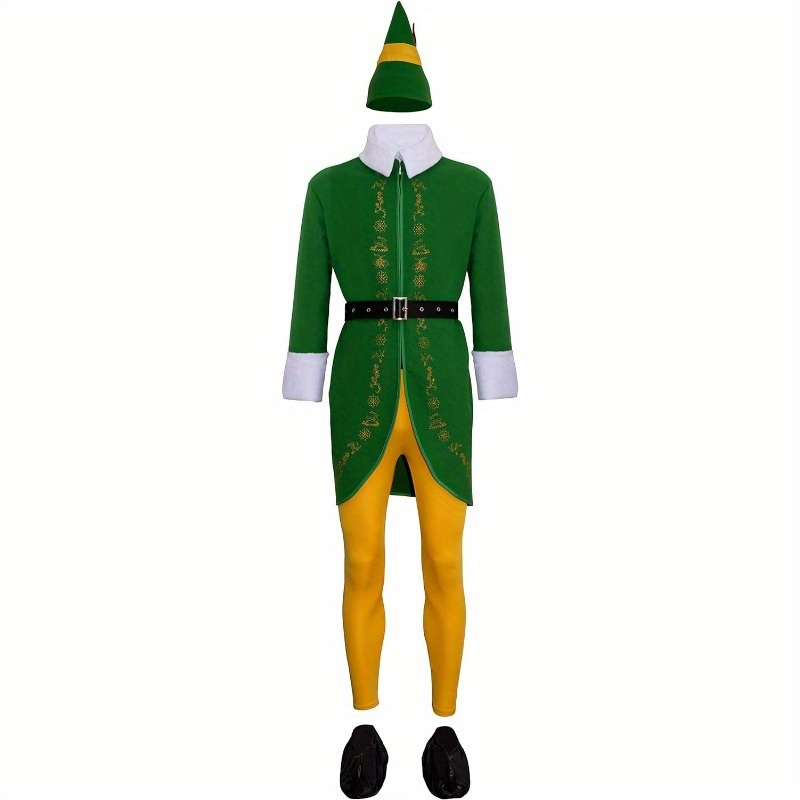 Adult Elf Costume, Halloween Christmas Cosplay Outfit Complete Set with Hat Tunic Top Pants Belt And Shoe Covers, Green Holiday Party Dress Up Costume - Image 3