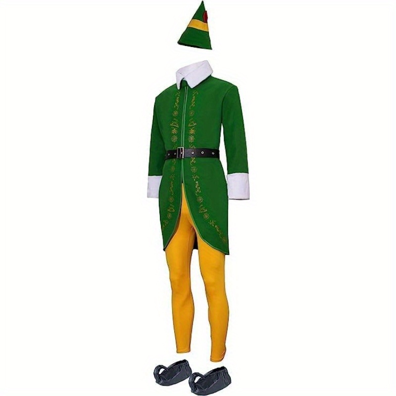 Adult Elf Costume, Halloween Christmas Cosplay Outfit Complete Set with Hat Tunic Top Pants Belt And Shoe Covers, Green Holiday Party Dress Up Costume - Image 4