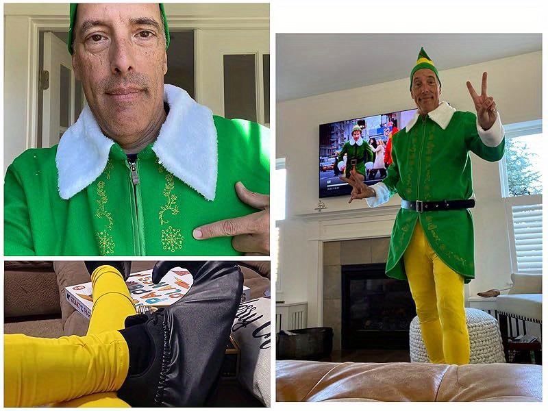 Adult Elf Costume, Halloween Christmas Cosplay Outfit Complete Set with Hat Tunic Top Pants Belt And Shoe Covers, Green Holiday Party Dress Up Costume