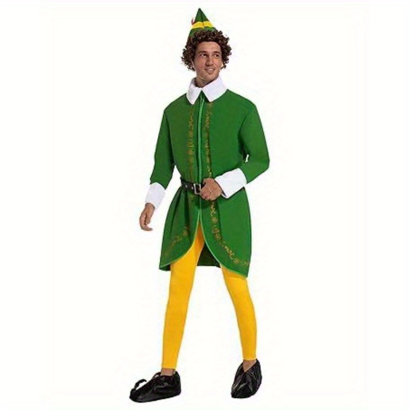 Adult Elf Costume, Halloween Christmas Cosplay Outfit Complete Set with Hat Tunic Top Pants Belt And Shoe Covers, Green Holiday Party Dress Up Costume