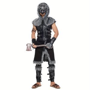 Eraspooky Men'S Viking Werewolf Halloween Costume Featuring a Hooded Cloak, Mask, Belt, Shin Protectors, Gloves, And Arm Bands, Role Play Outfits Men