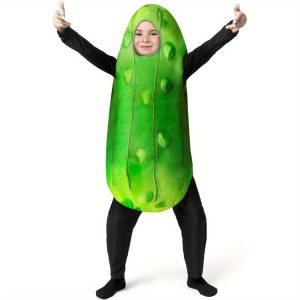 SYNCFUN Kids & Teens Pickle Costume with 3D Warts & Realistic Light Beige Texture - Soft Polyester Fruit Jumpsuit for Halloween, Christmas, Thanksgiving Parties - Green Cucumber Outfit with Black Pants (Sizes 5-14 Years) - Hand Washable & Durable Role-Play Costume