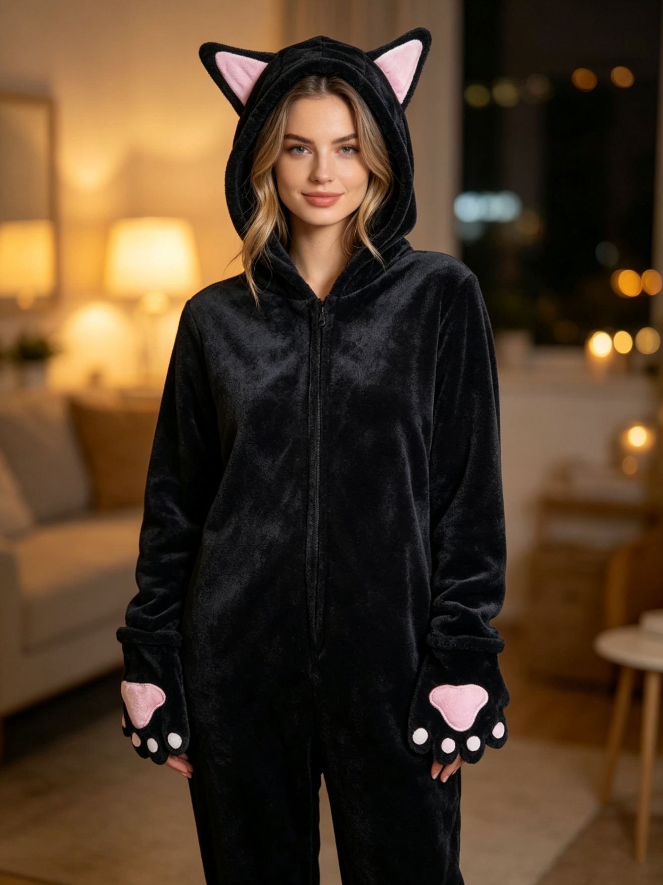 Women Black Cat Onesie Pajamas, Soft Flannel Plush Animal Hooded Jumpsuit with Cat Ears Paws Tail, Cozy Nightwear Loungewear Halloween Cosplay Costume for Adult Ladies - Image 3