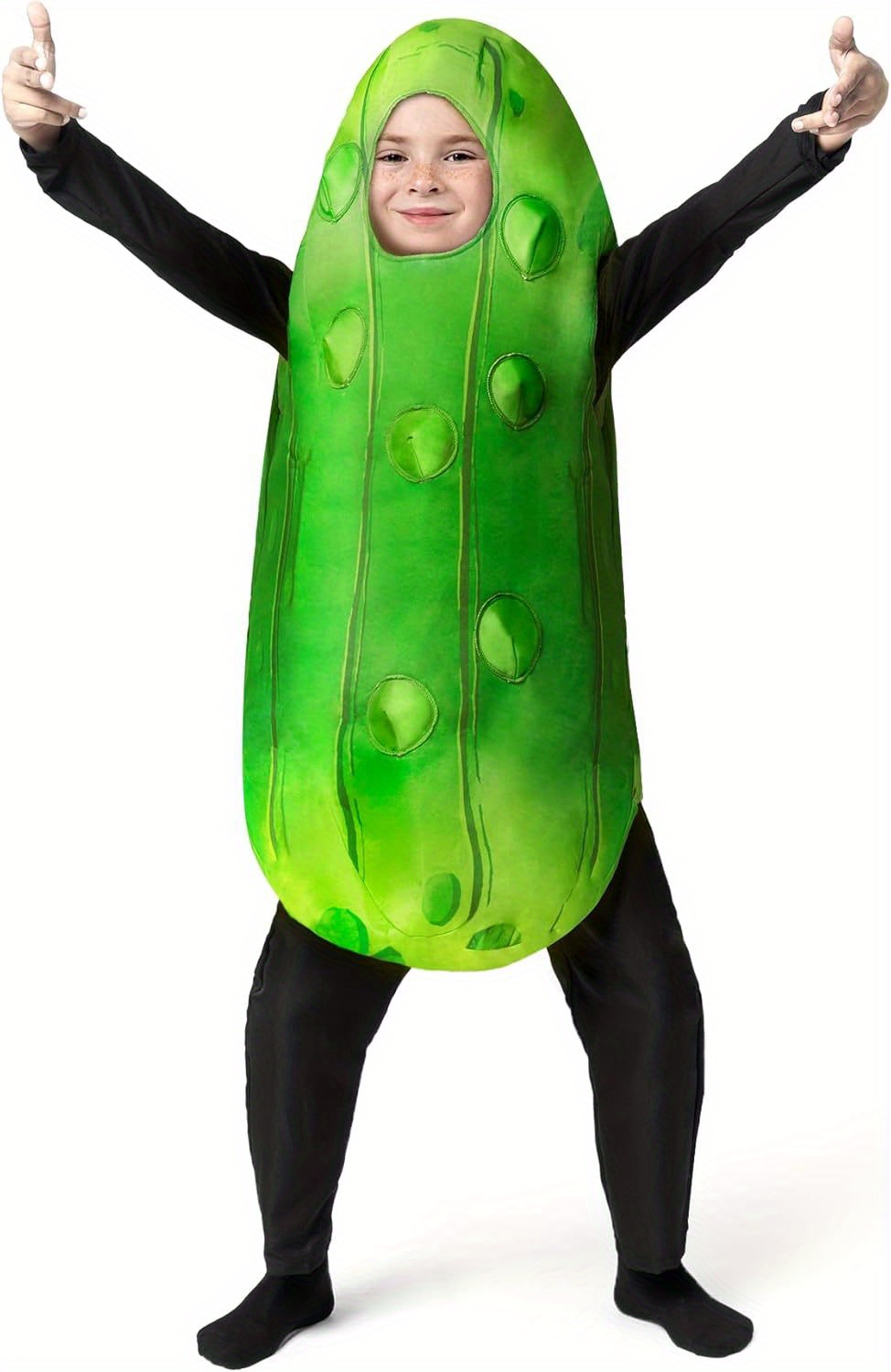 SYNCFUN Kids & Teens Pickle Costume with 3D Warts & Realistic Light Beige Texture - Soft Polyester Fruit Jumpsuit for Halloween, Christmas, Thanksgiving Parties - Green Cucumber Outfit with Black Pants (Sizes 5-14 Years) - Hand Washable & Durable Role-Play Costume