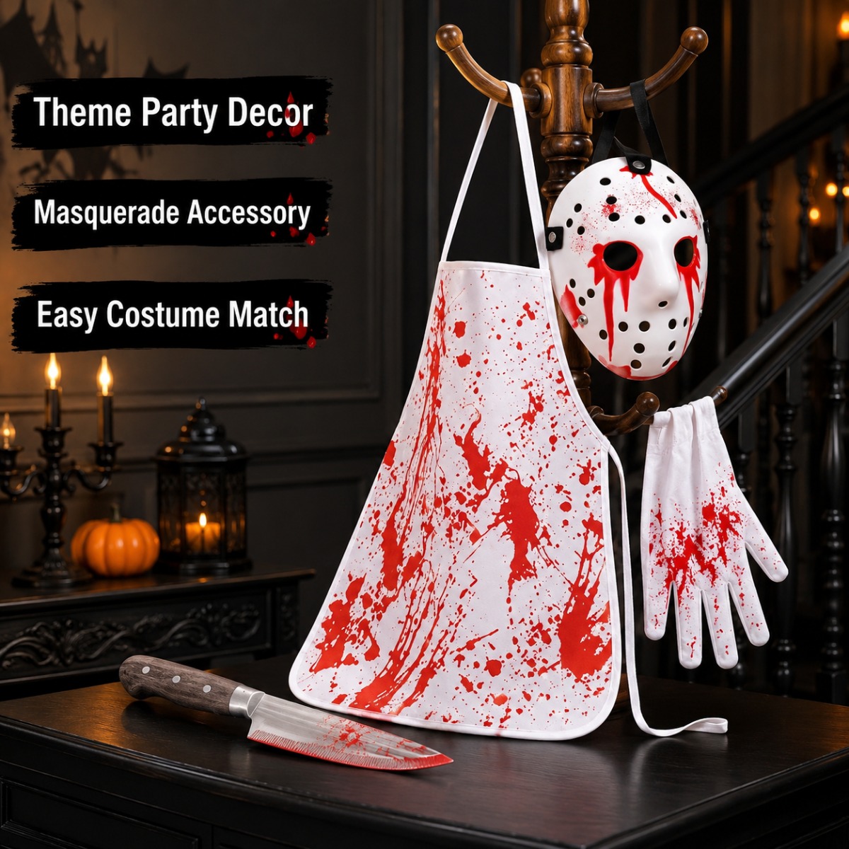 5pcs Bloody Horror Halloween Cosplay Costume Set • Including Blood Splatter Apron, Ice Ball Style Mask, Gloves, And Fake Knife Props • Suitable for Adult Halloween Parties And Photo Booths