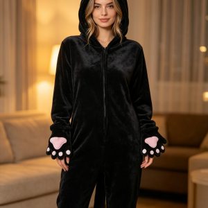 Women Black Cat Onesie Pajamas, Soft Flannel Plush Animal Hooded Jumpsuit with Cat Ears Paws Tail, Cozy Nightwear Loungewear Halloween Cosplay Costume for Adult Ladies