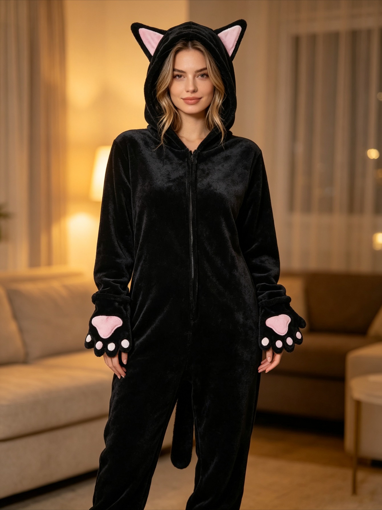 Women Black Cat Onesie Pajamas, Soft Flannel Plush Animal Hooded Jumpsuit with Cat Ears Paws Tail, Cozy Nightwear Loungewear Halloween Cosplay Costume for Adult Ladies