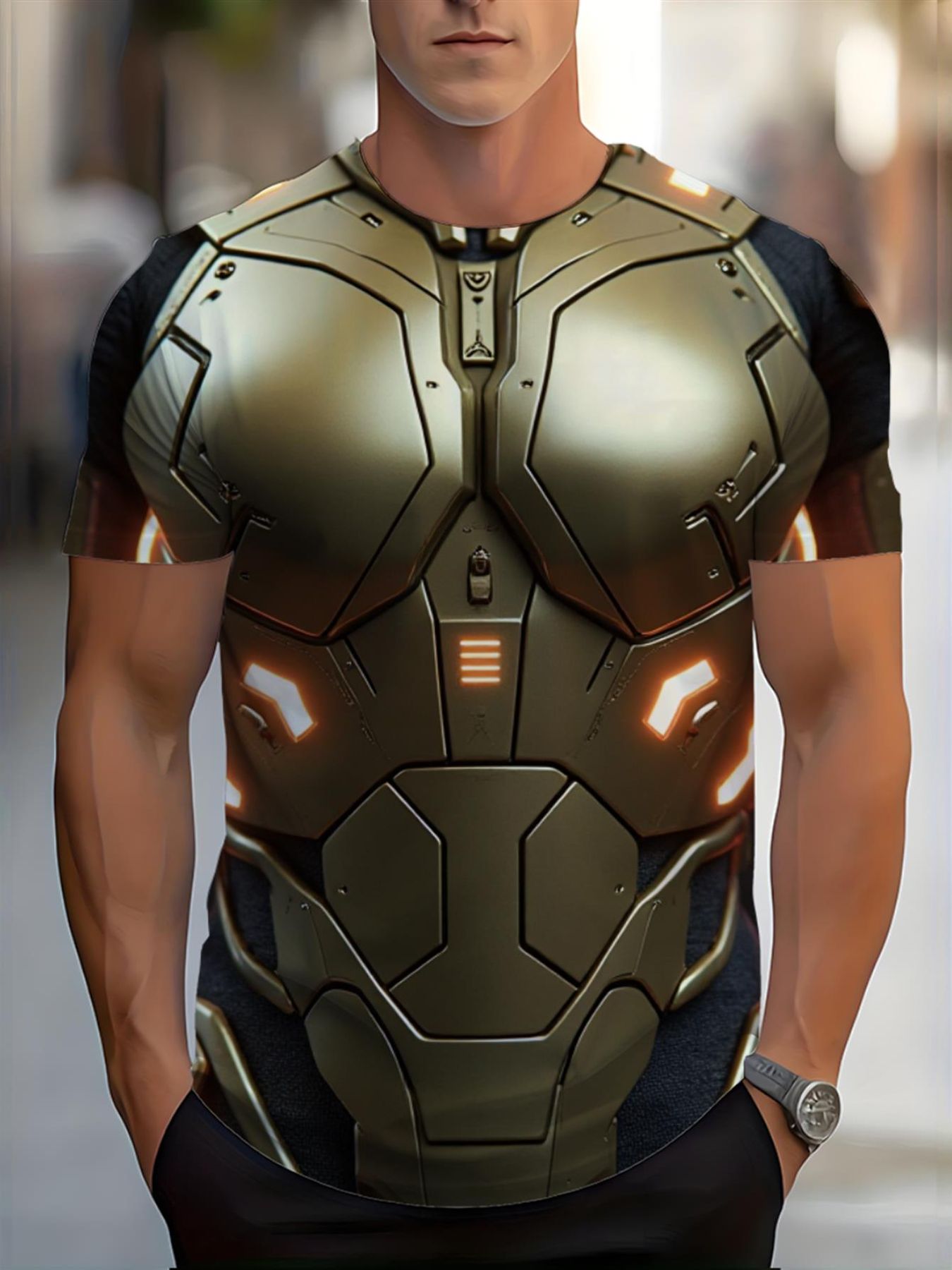 Futuristic Armor Style, 2026 New Men'S 3D Printed T-Shirt, Regular Fit, 100% Polyester Material, Round Neck Design, Dry Clean And Machine Washable, Golden Mechanical Suit with Glowing Orange Lights Pattern, Halloween Cosplay Party Costume