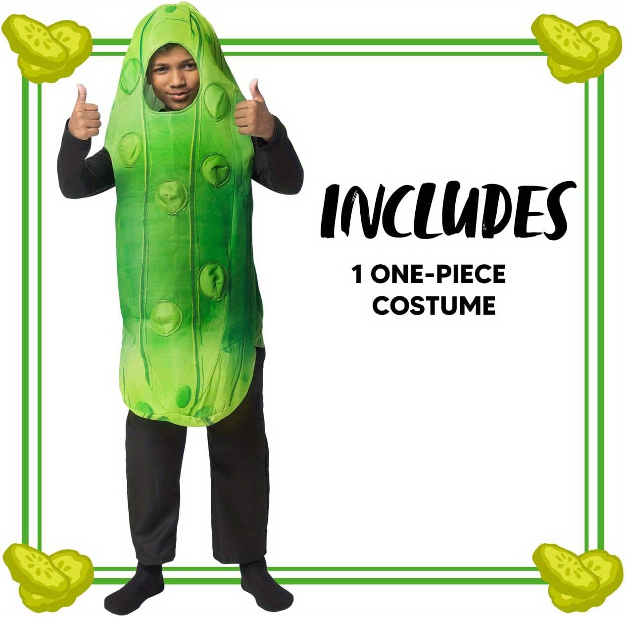 SYNCFUN Kids & Teens Pickle Costume with 3D Warts & Realistic Light Beige Texture - Soft Polyester Fruit Jumpsuit for Halloween, Christmas, Thanksgiving Parties - Green Cucumber Outfit with Black Pants (Sizes 5-14 Years) - Hand Washable & Durable Role-Play Costume