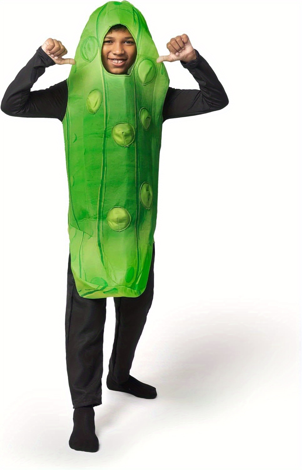 SYNCFUN Kids & Teens Pickle Costume with 3D Warts & Realistic Light Beige Texture - Soft Polyester Fruit Jumpsuit for Halloween, Christmas, Thanksgiving Parties - Green Cucumber Outfit with Black Pants (Sizes 5-14 Years) - Hand Washable & Durable Role-Play Costume