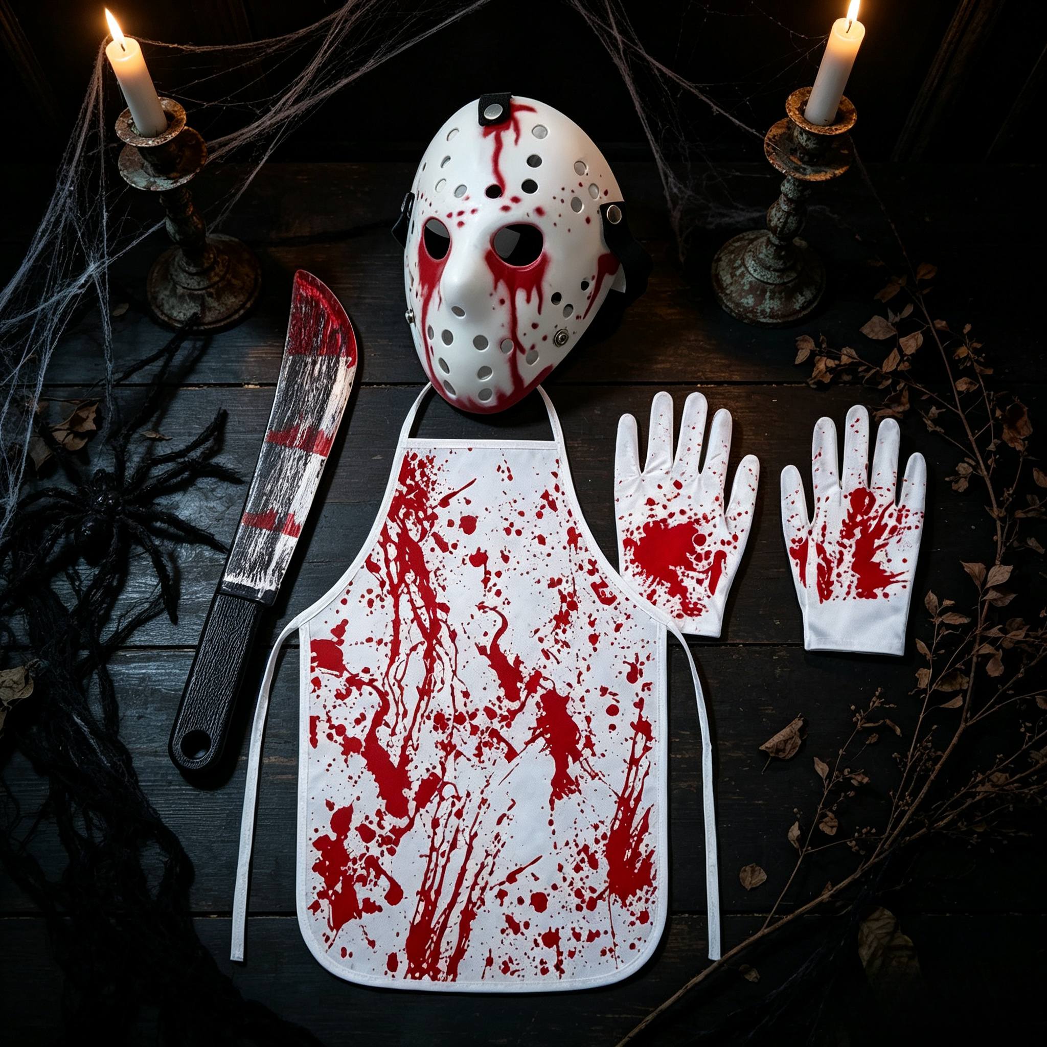 5pcs Bloody Horror Halloween Cosplay Costume Set • Including Blood Splatter Apron, Ice Ball Style Mask, Gloves, And Fake Knife Props • Suitable for Adult Halloween Parties And Photo Booths - Image 2