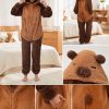 Women's Capybara Zipper Plush Onesie Pajamas Hooded One Piece Sleepwear Cozy Fleece Loungewear for Home Sleepovers Themed Parties Cosplay Costume