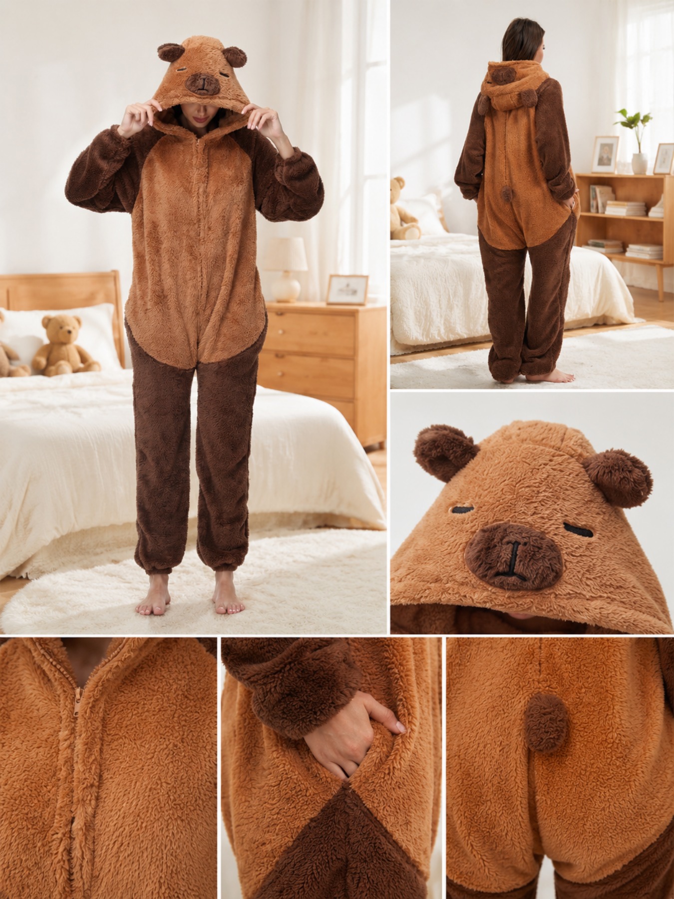 Women's Capybara Zipper Plush Onesie Pajamas Hooded One Piece Sleepwear Cozy Fleece Loungewear for Home Sleepovers Themed Parties Cosplay Costume