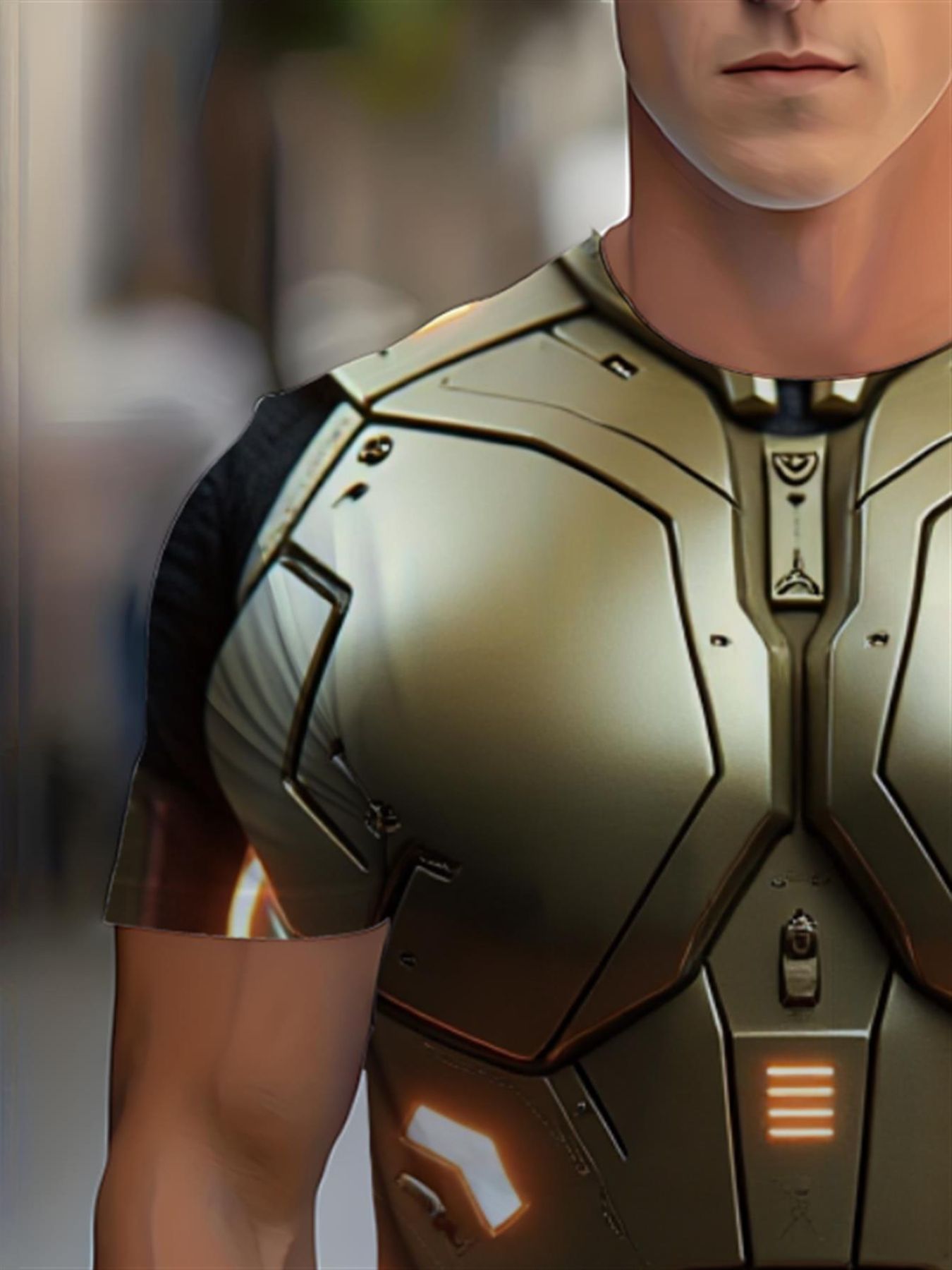 Futuristic Armor Style, 2026 New Men'S 3D Printed T-Shirt, Regular Fit, 100% Polyester Material, Round Neck Design, Dry Clean And Machine Washable, Golden Mechanical Suit with Glowing Orange Lights Pattern, Halloween Cosplay Party Costume