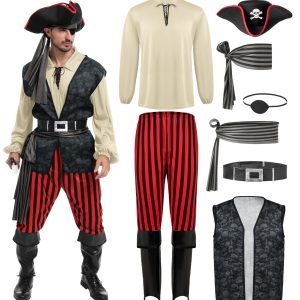 SYNCFUN Creations Men Pirate Costume, Adult Pirate Shirt Vest Viking Pants Hat Set for Halloween Themed Parties, Role Play Outfits Men