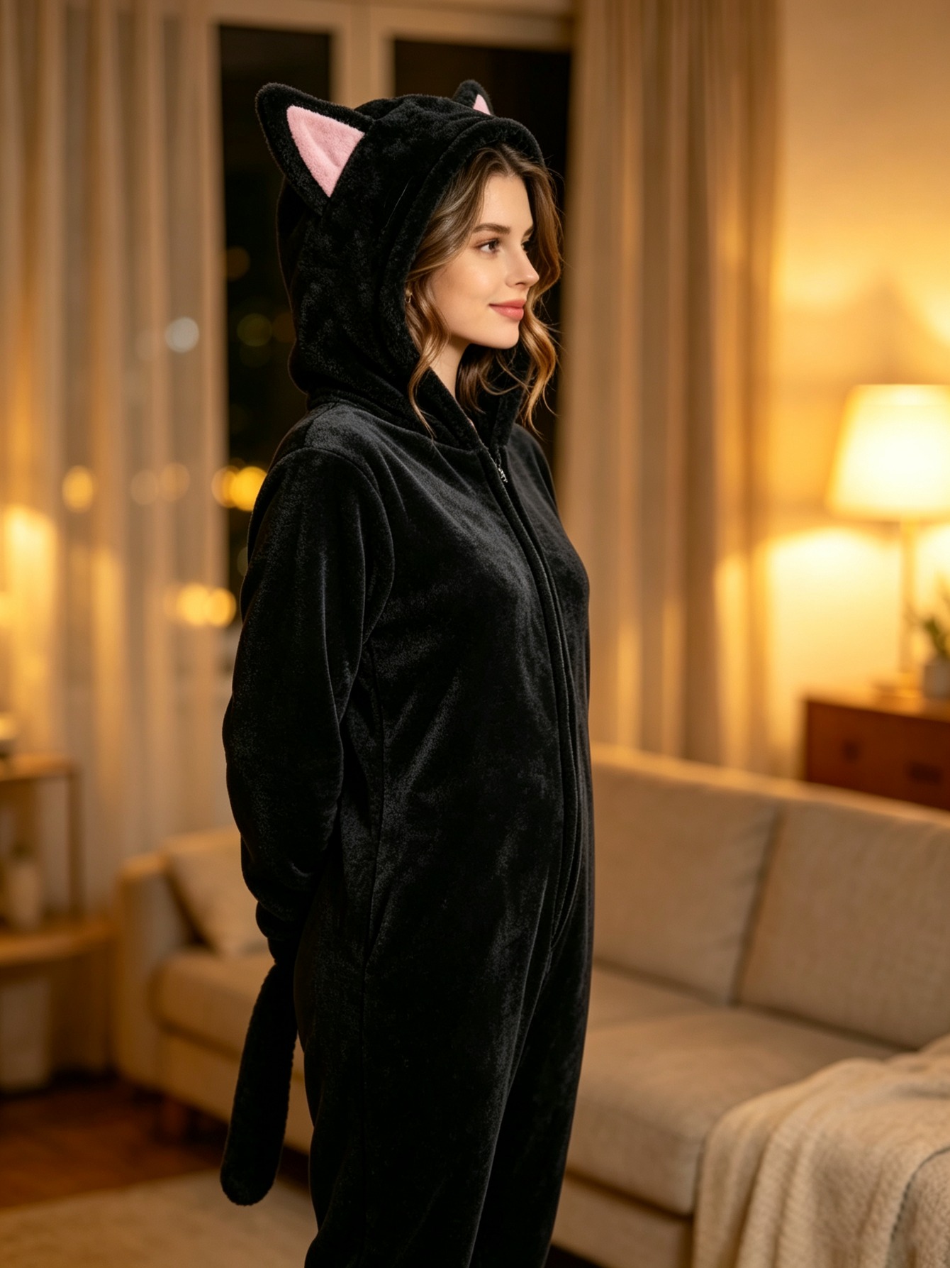 Women Black Cat Onesie Pajamas, Soft Flannel Plush Animal Hooded Jumpsuit with Cat Ears Paws Tail, Cozy Nightwear Loungewear Halloween Cosplay Costume for Adult Ladies - Image 5