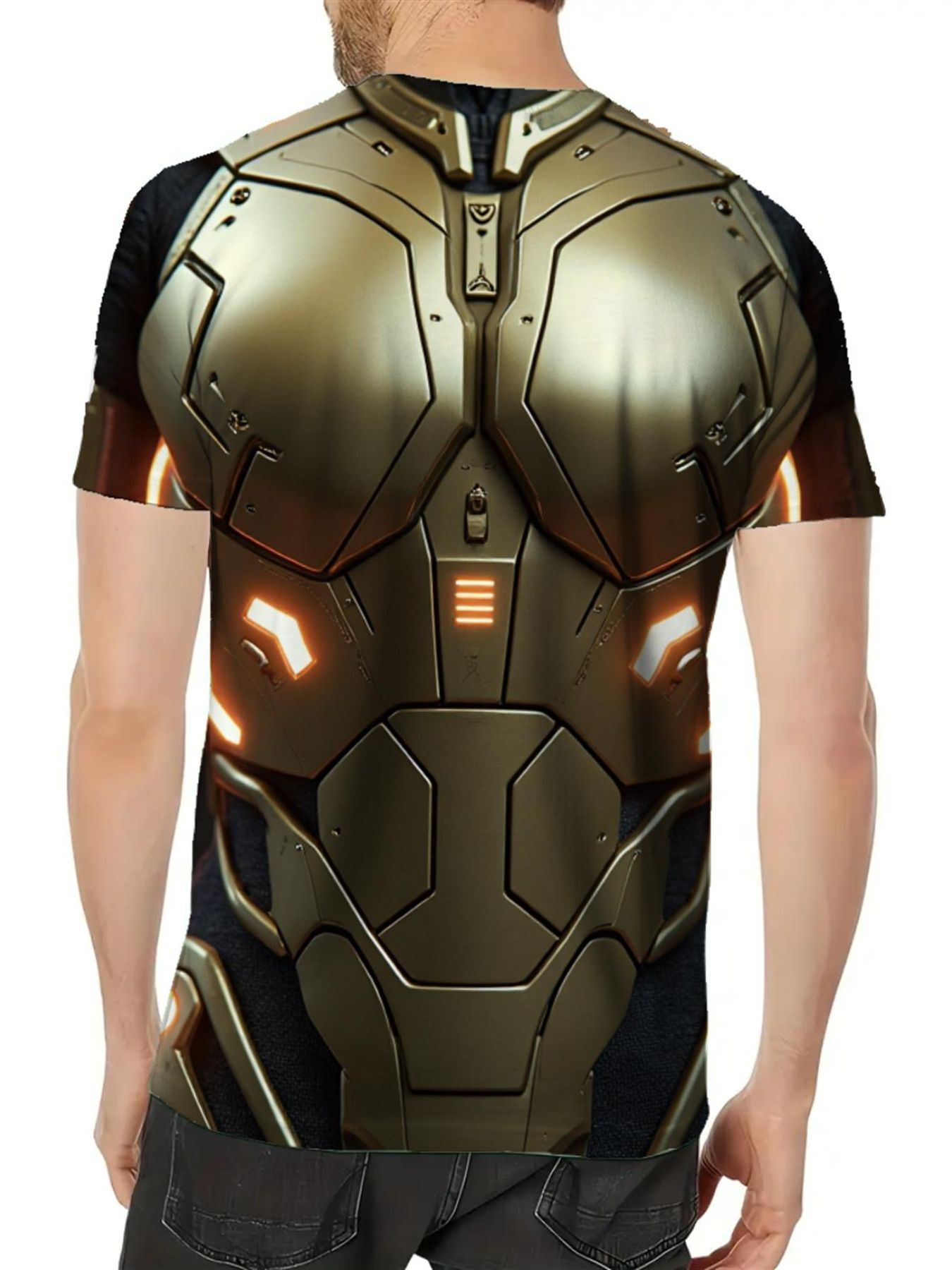 Futuristic Armor Style, 2026 New Men'S 3D Printed T-Shirt, Regular Fit, 100% Polyester Material, Round Neck Design, Dry Clean And Machine Washable, Golden Mechanical Suit with Glowing Orange Lights Pattern, Halloween Cosplay Party Costume