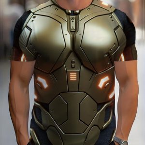 Futuristic Armor Style, 2026 New Men'S 3D Printed T-Shirt, Regular Fit, 100% Polyester Material, Round Neck Design, Dry Clean And Machine Washable, Golden Mechanical Suit with Glowing Orange Lights Pattern, Halloween Cosplay Party Costume